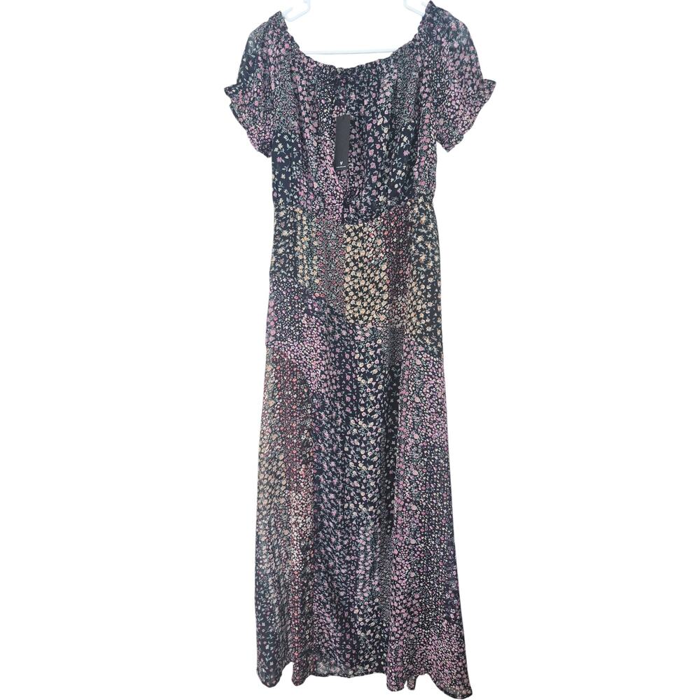 Lulus Maxi Dress Sz L Boho Ditsy Floral Patchwork Print Slit Off Shoulder NWT - Picture 3 of 7